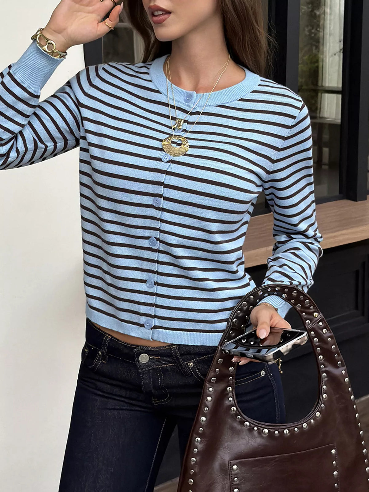 Striped Crew Neck Button-Down Cardigan - Colorful Stripes - View 3