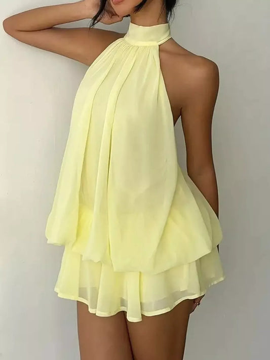 Halter Neck Chiffon Mini Dress - Yellow - View 1