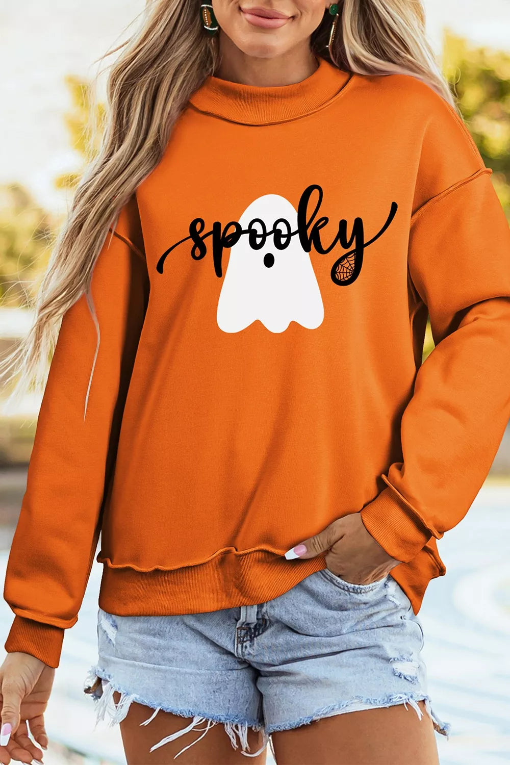Ghost/ BOO Reversible Print Mock Neck Casual Sweatshirt - Orange - View 1