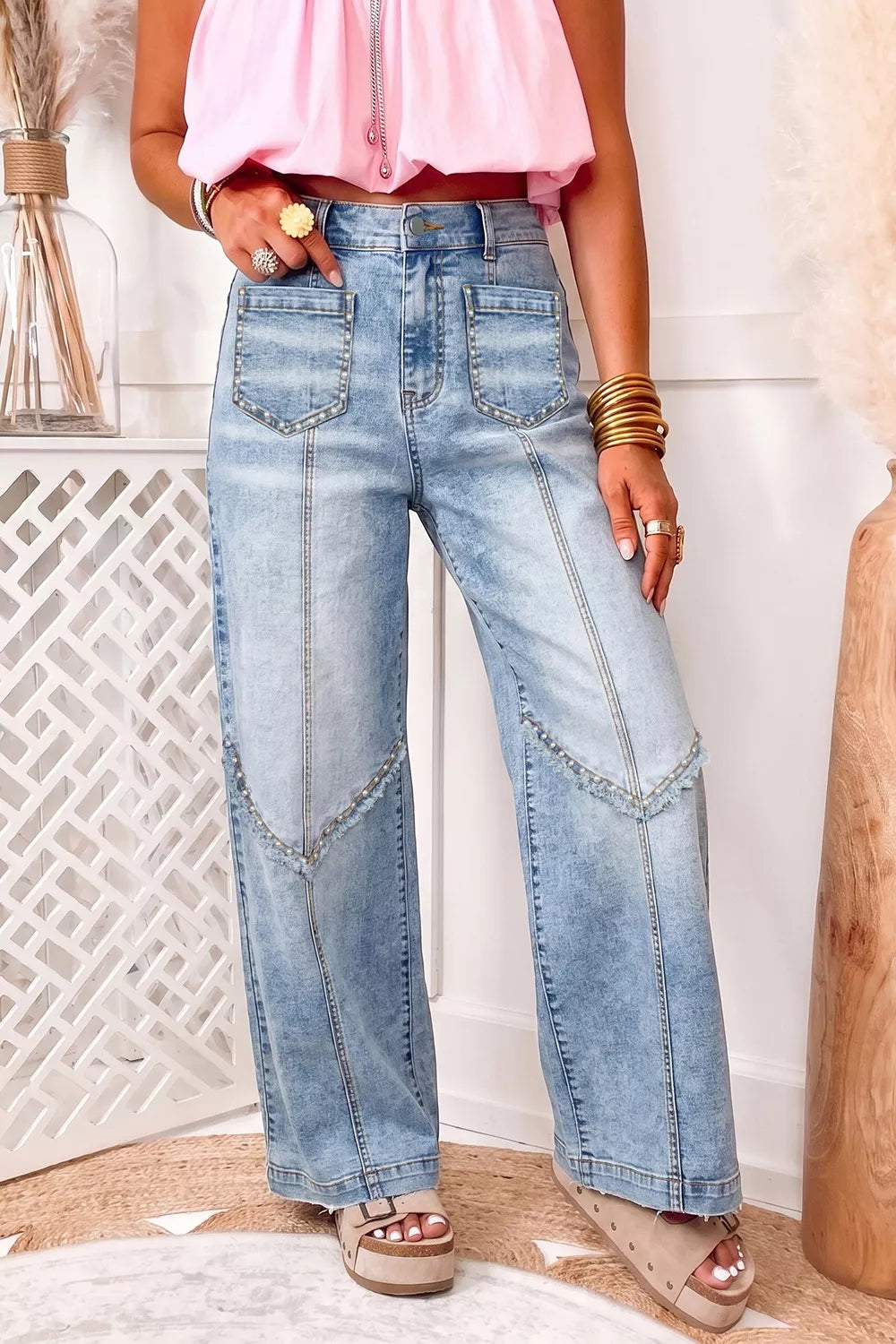 Studded Detail Wide-Leg Jeans - Light Blue - View 1