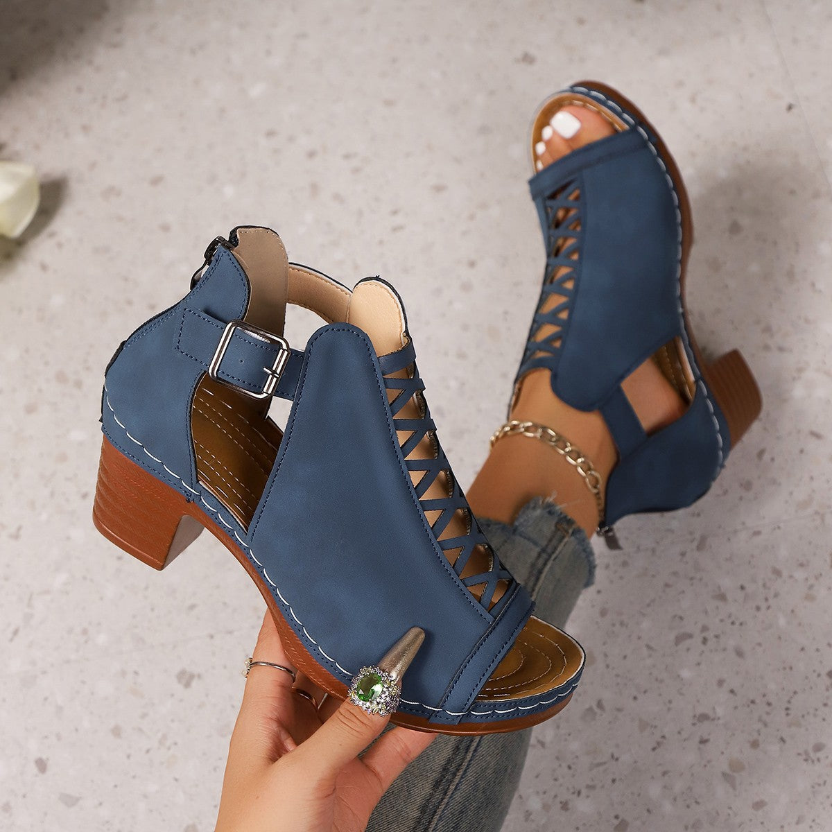 Open Toe Block Heels Sandals - Navy Blue - View 15