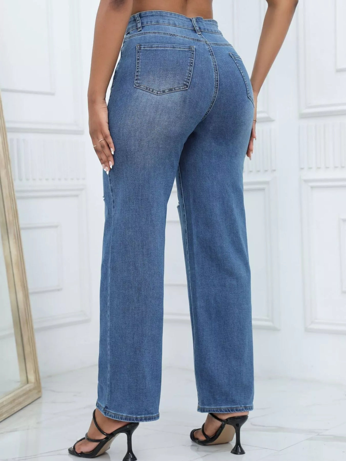 Distressed Wide-Leg Jeans - Dark Blue - View 4