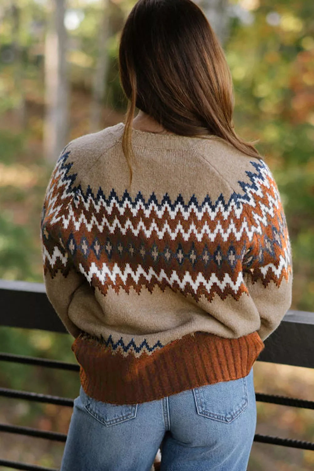 Geometric Pattern Long Sleeve Sweater - Taupe - View 4