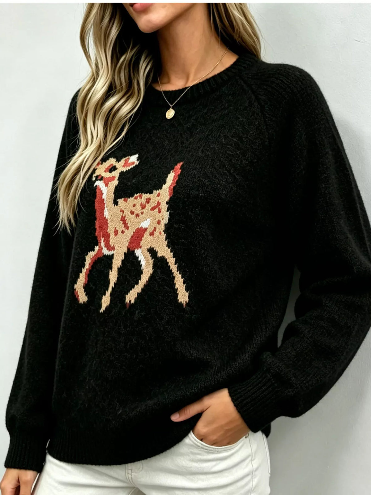 Deer Pattern Raglan Sleeve Sweater - Black - View 1