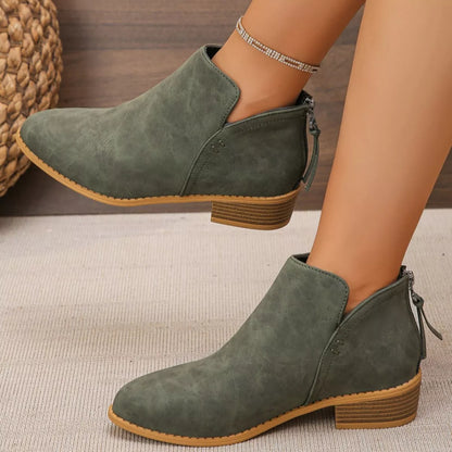Point Toe Block Heels Boots - Army Green - View 3
