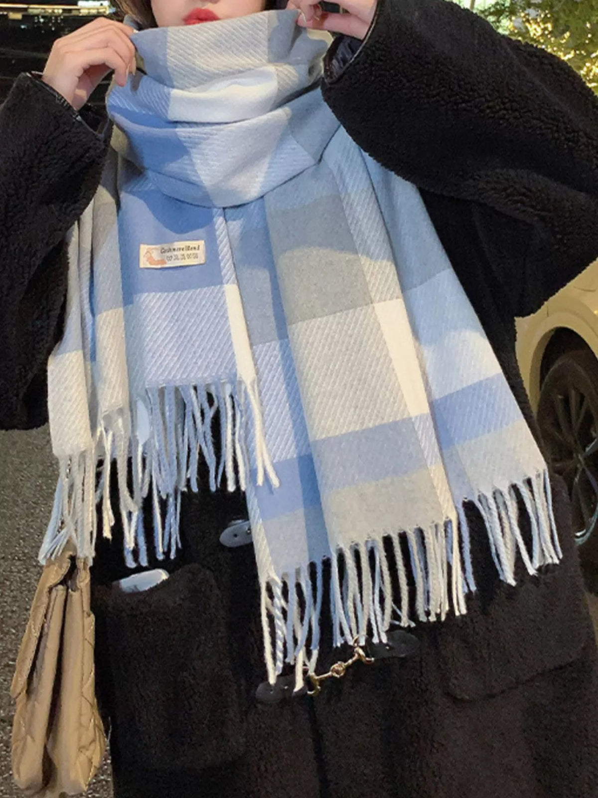 Fringe Plaid Scarf - Blue - View 3