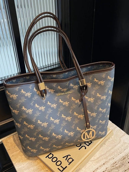Printed Tote Shoulder Bag - Dark Blue - View 2