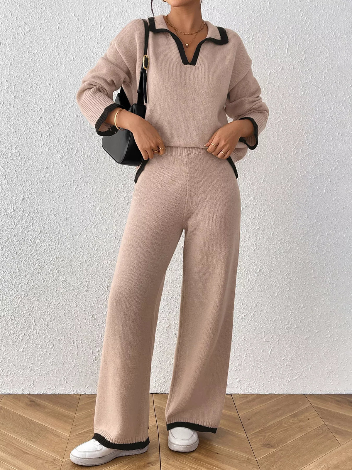 Contrast Trim Polo Collar Top and Pants Sweater Set - Dust Storm - View 5