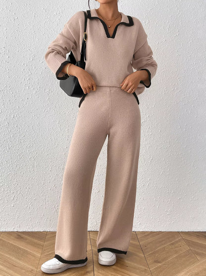 Contrast Trim Polo Collar Top and Pants Sweater Set - Dust Storm - View 5