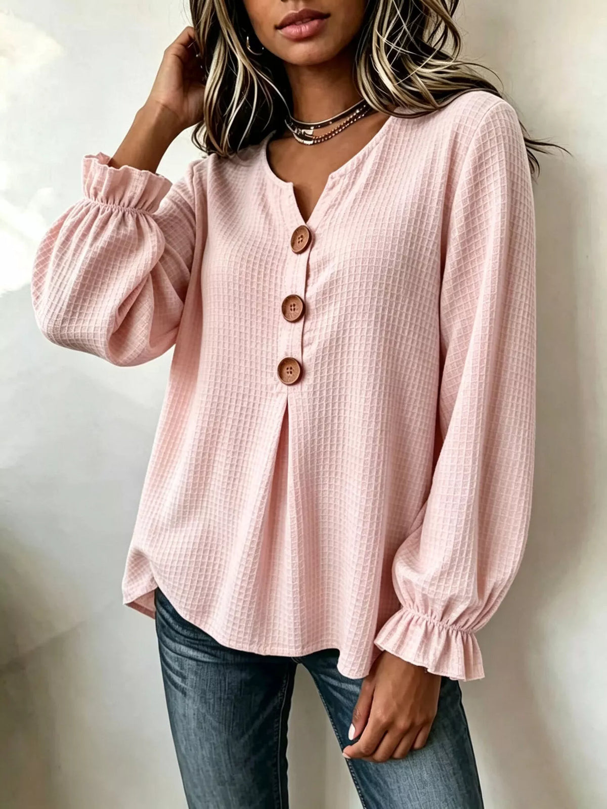 Waffle Knit Long Sleeve Top - Blush Pink - View 1