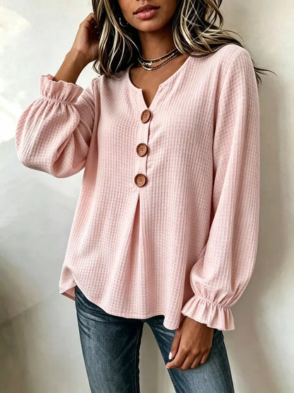 Waffle Knit Long Sleeve Top - Blush Pink - View 1