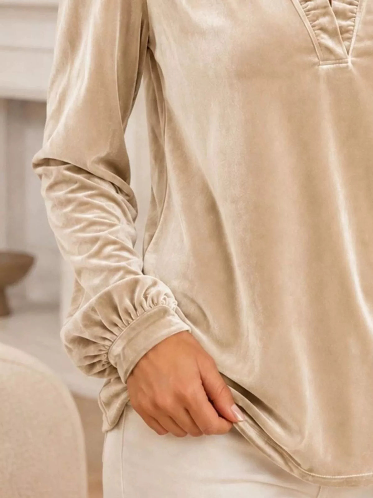V-Neck Ruffle Trim Velvet Blouse - Beige - View 3