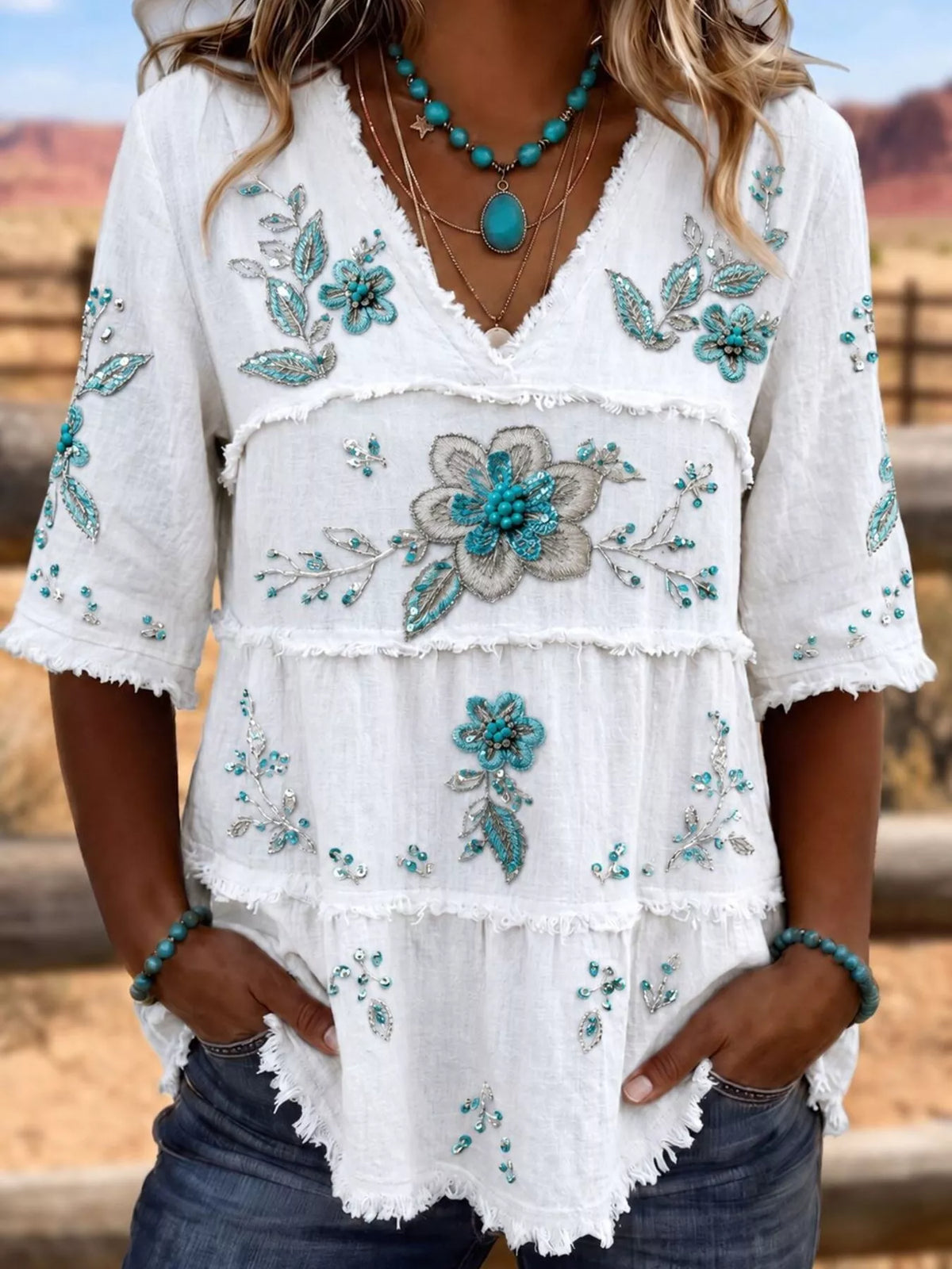Full Size Floral Raw Hem V-Neck Blouse Plus Size - White - View 11