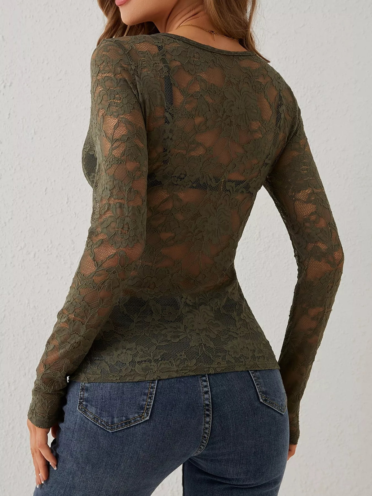 Lace V-Neck Long Sleeve Top - Olive Green - View 18