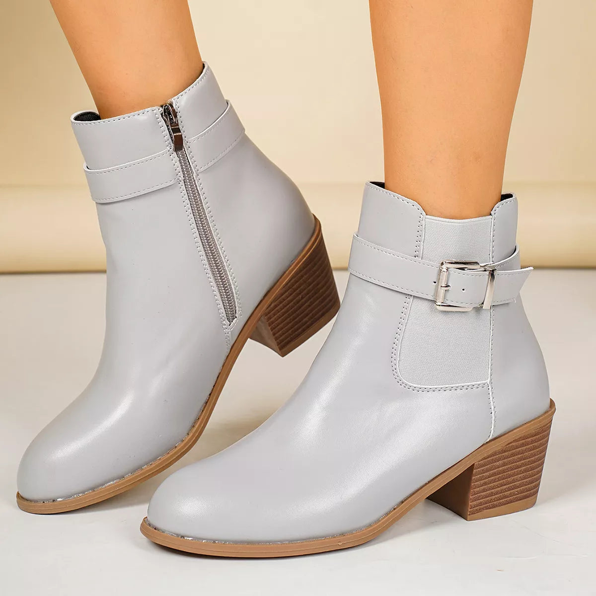 Point Toe Block Heels Boots - Gray - View 1