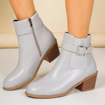 Point Toe Block Heels Boots - Gray - View 1