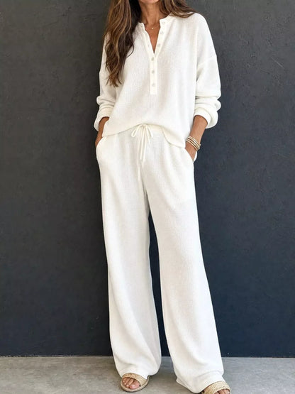 Waffle Knit Henley Top and Wide Leg Pants Set - White - View 1