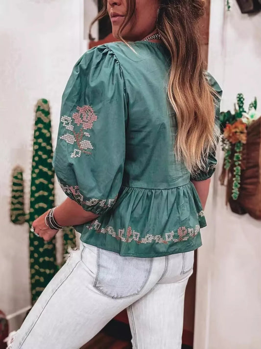Tie Front Puff Sleeve Blouse - product photo 2