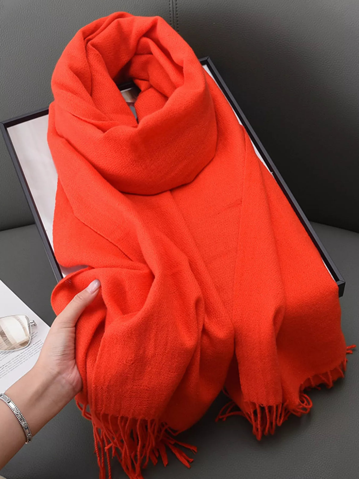 Solid Color Fringe Scarf - Orange - View 18