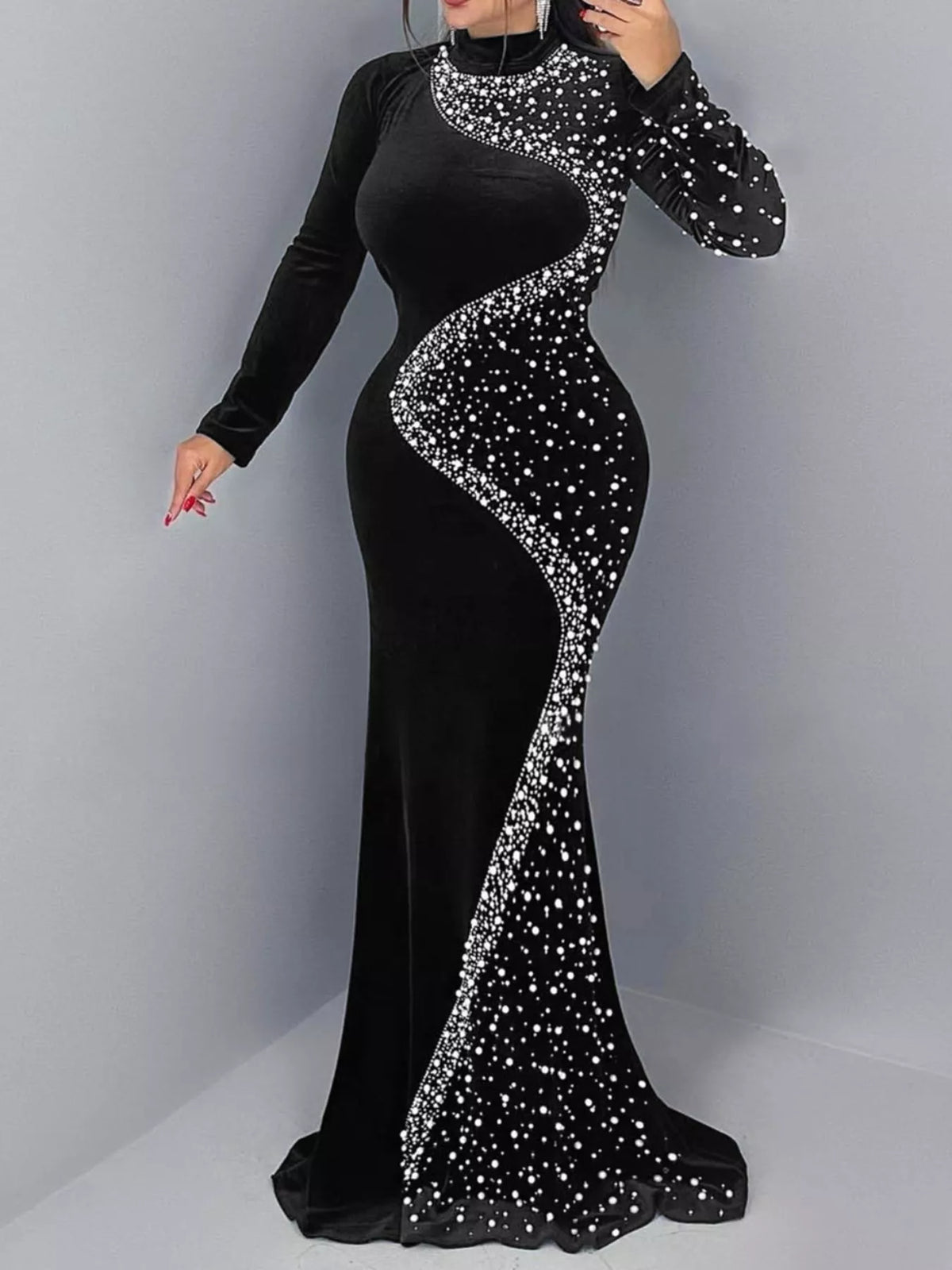 Rhinestone Embellished Velvet Mermaid Evening Maxi Dress - Black - View 1