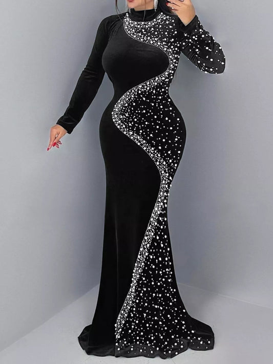 Rhinestone Embellished Velvet Mermaid Evening Maxi Dress - Black - View 1
