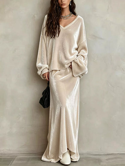 V-Neck Velvet Long Sleeve Top and Maxi Skirt Two-Piece Set - Beige - View 1