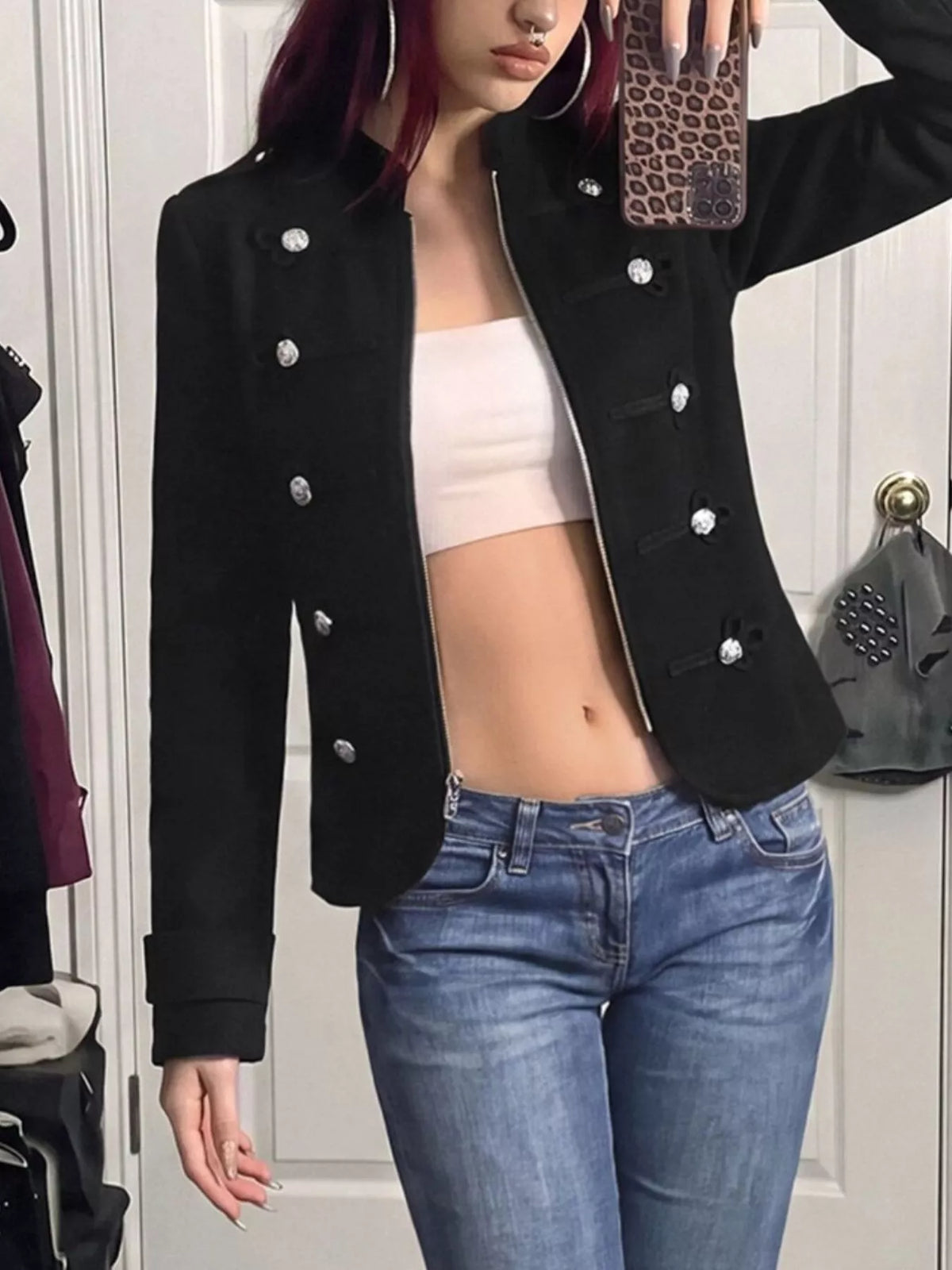 Decorative Button Zip Up Outerwear - Black - View 4