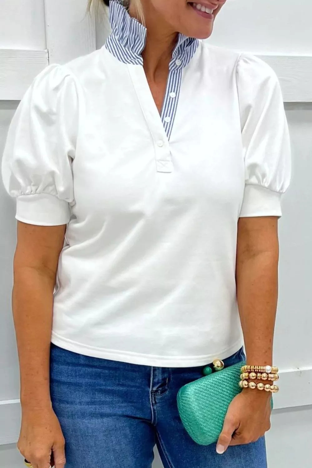 Striped Collar Puff Sleeve Blouse - White - View 5
