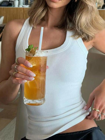 Ribbed Square Neck Tank Top - White - View 5