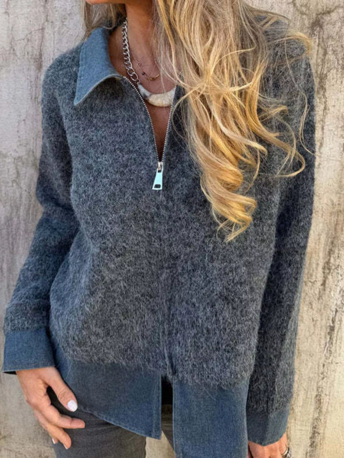Contrast Denim Collar Half-Zip Knit Sweater - Dark Gray - View 1