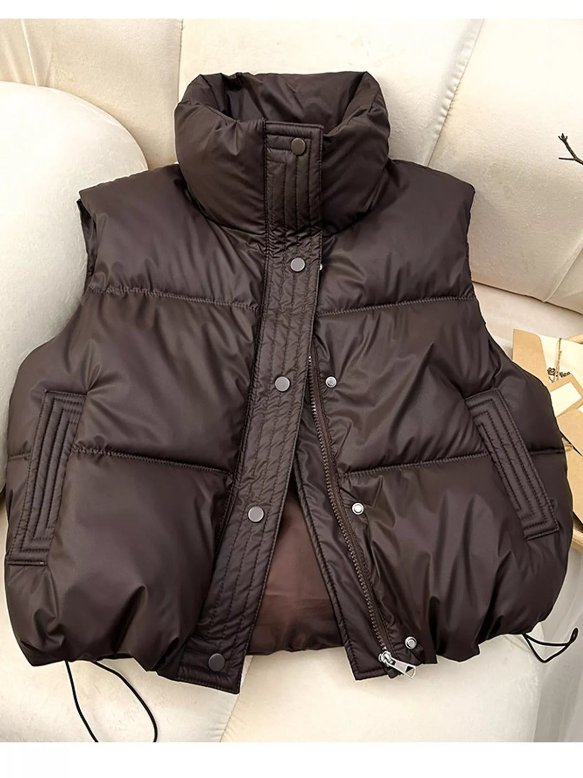 Drawstring Snap Down Puffer Vest Coat - Coffee - View 9