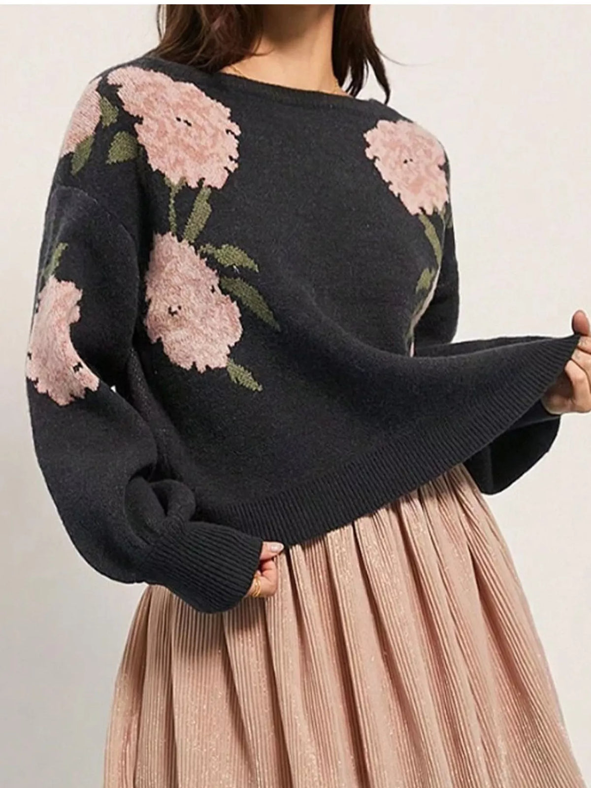 Floral Pattern Dropped Shoulder Sweater - Black - View 5