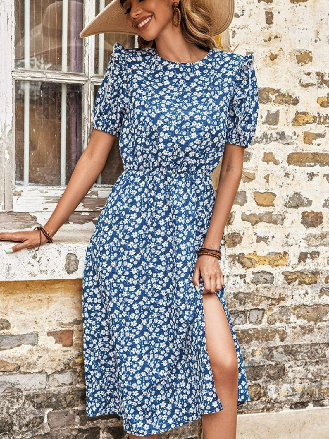 Perfee Floral Round Neck Split Midi Dress - Blue - View 2