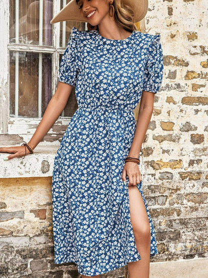 Perfee Floral Round Neck Split Midi Dress - Blue - View 2
