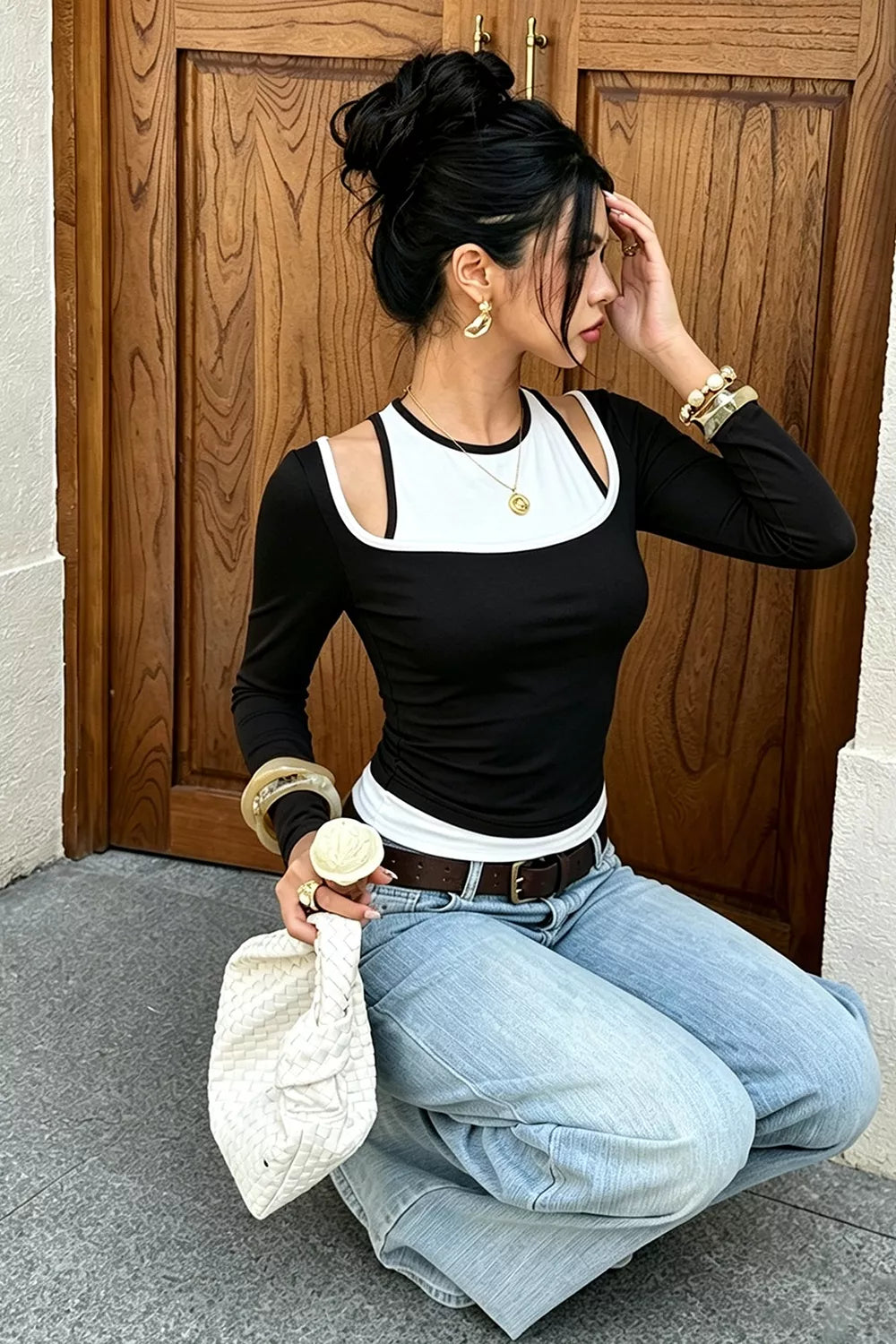 Color-Block Cutout Long Sleeve Slim Fit Top - Black - View 5