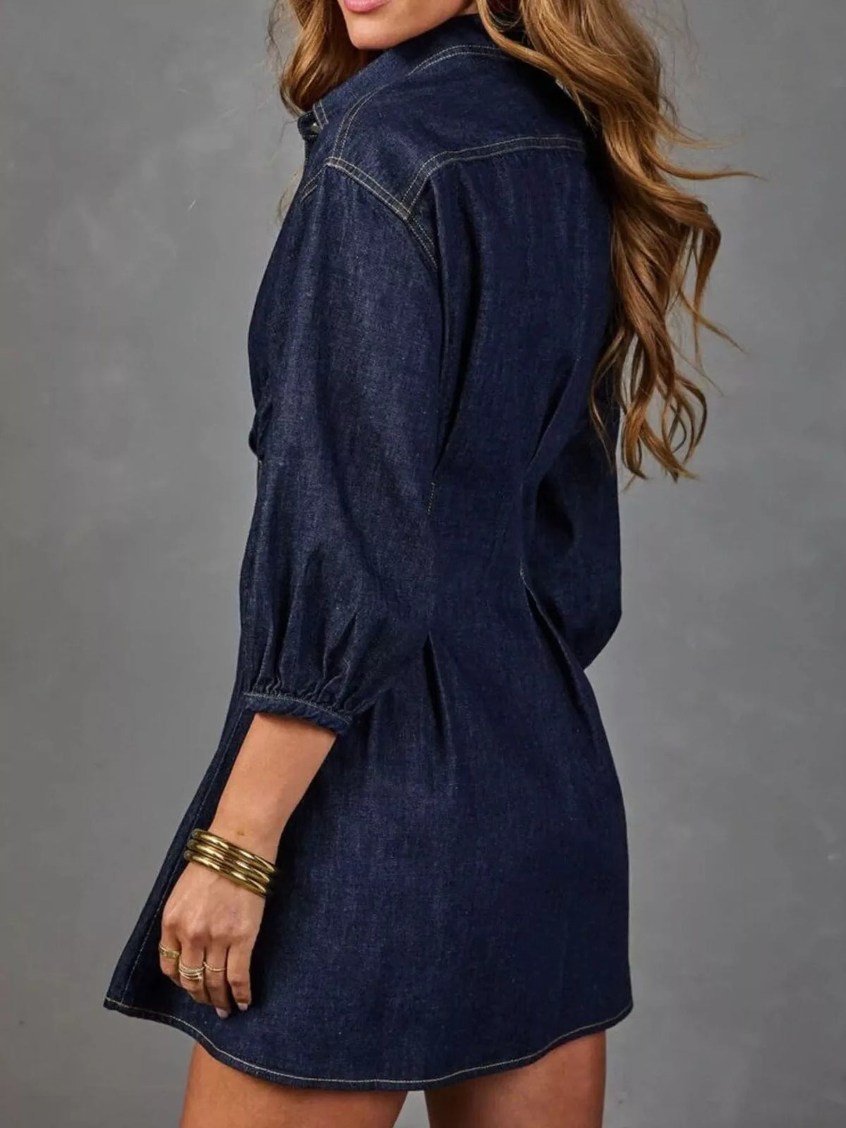 Button Down 3/4 Sleeve Denim Dress - Dark Blue - View 5
