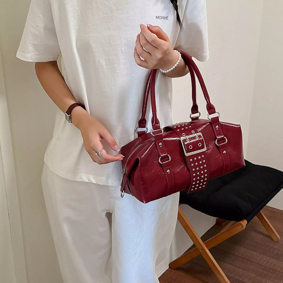 Rivet Embellished Crossbody Bag - Red - View 1