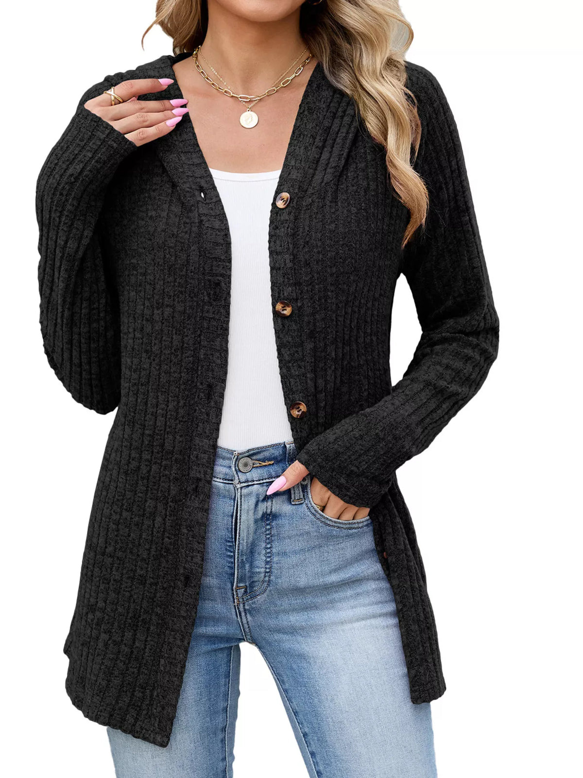 Ribbed Knit Hooded Button-Down Cardigan - Black - View 1