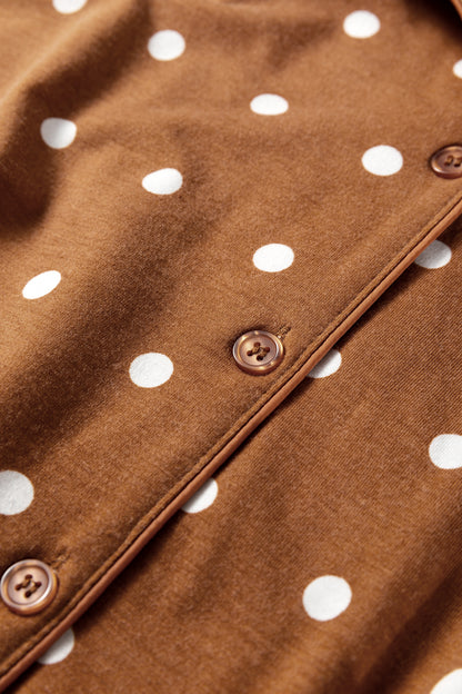Brown Polka Dot Print Long Sleeve Shirt Pant 2pcs Pajama Set