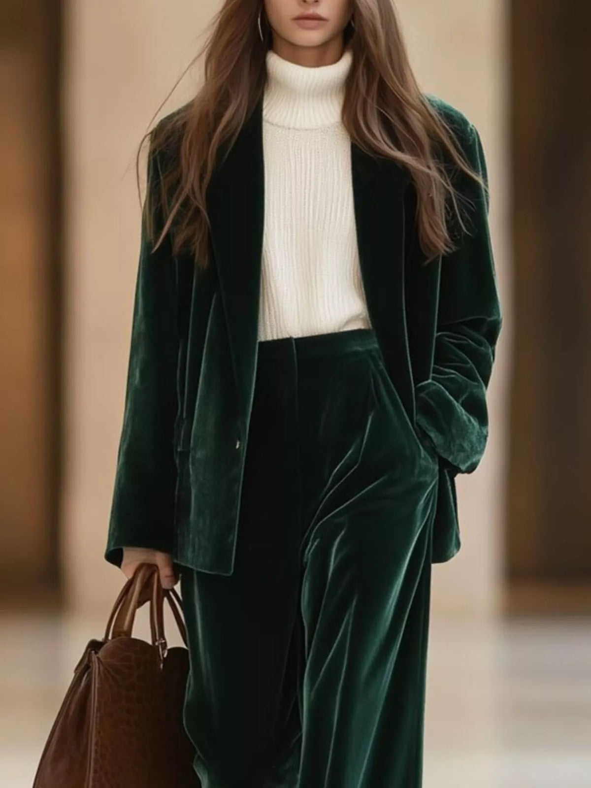 Velvet Blazer and Wide-Leg Pants Two-Piece Set - Black Forest - View 1