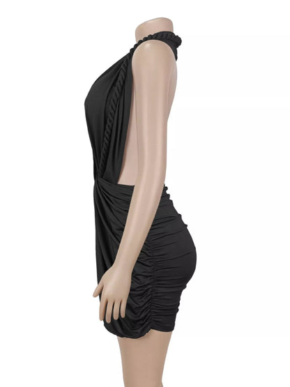 Ruched Halter Neck Bodycon Mini Dress - Black - View 4