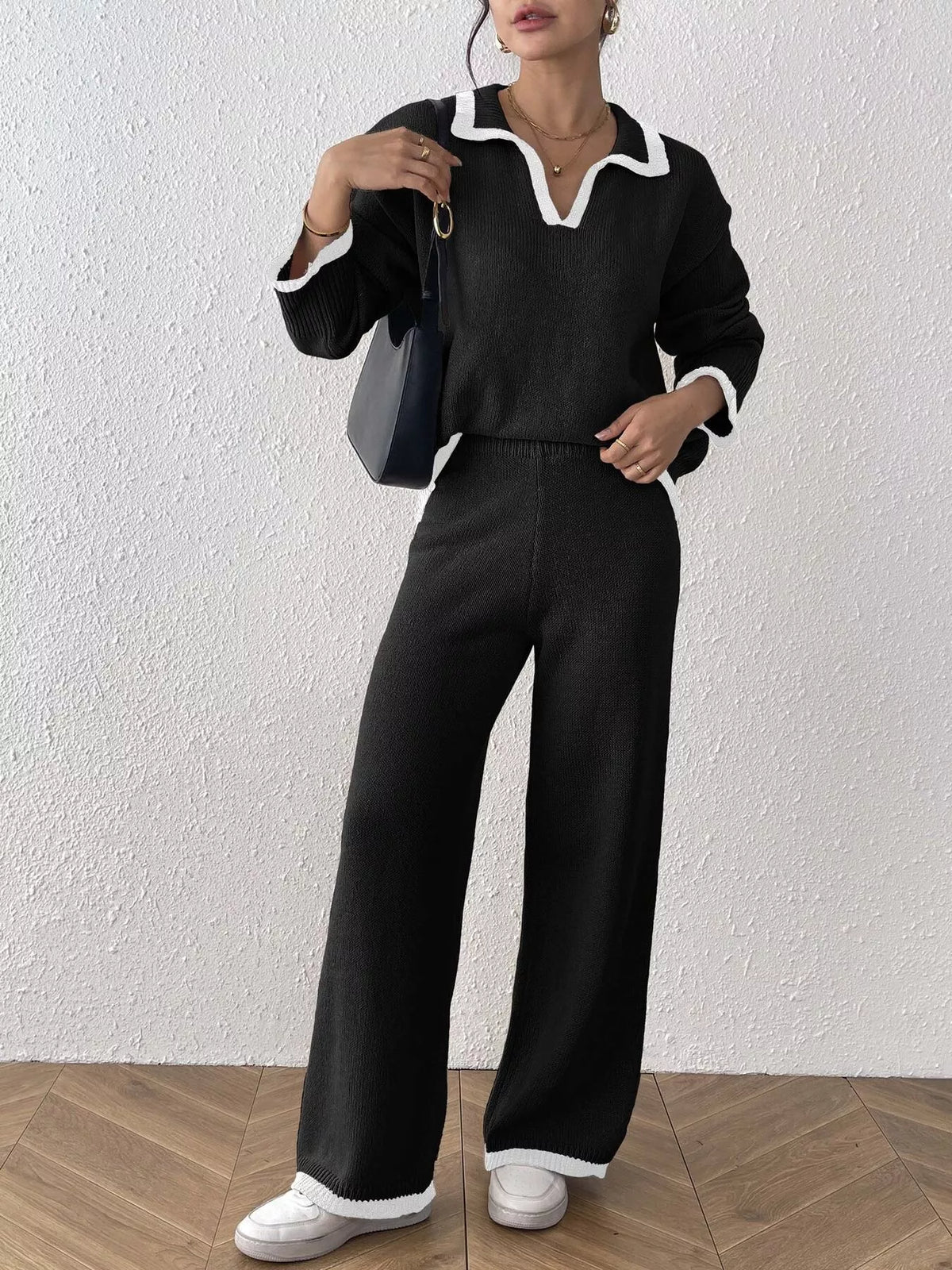 Contrast Trim Polo Collar Top and Pants Sweater Set - Black - View 3