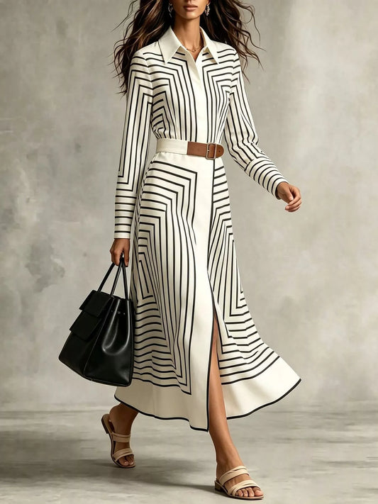Geometric Striped Midi Shirt Dress - White - View 1