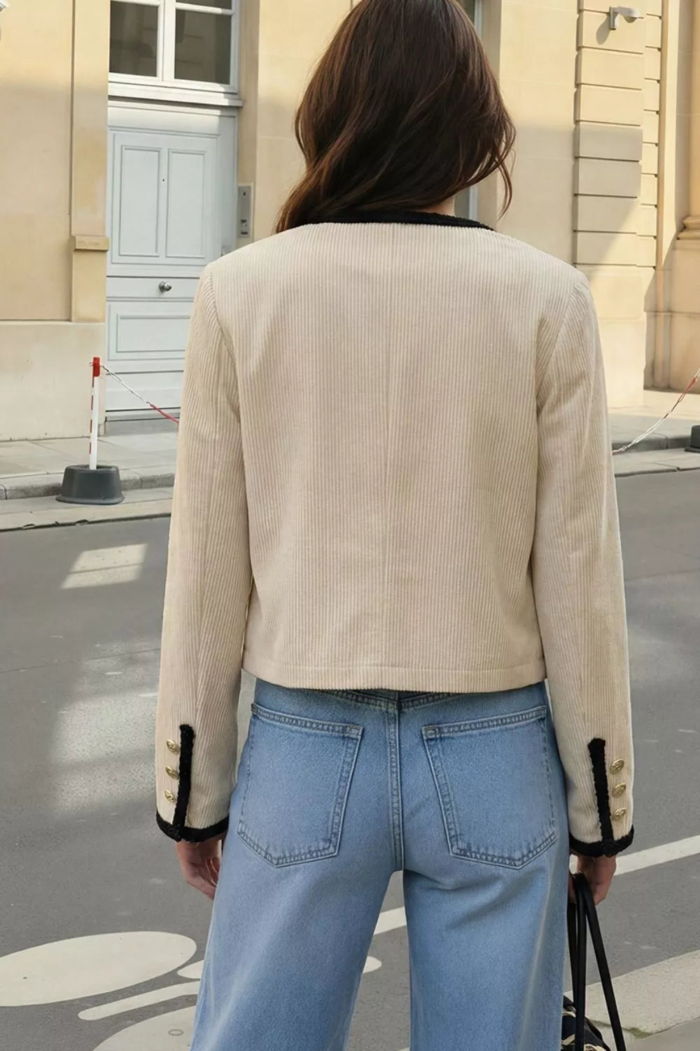 Contrast Trim Cropped Outerwear - Beige - View 3