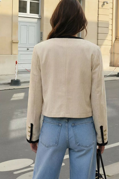 Contrast Trim Cropped Outerwear - Beige - View 3