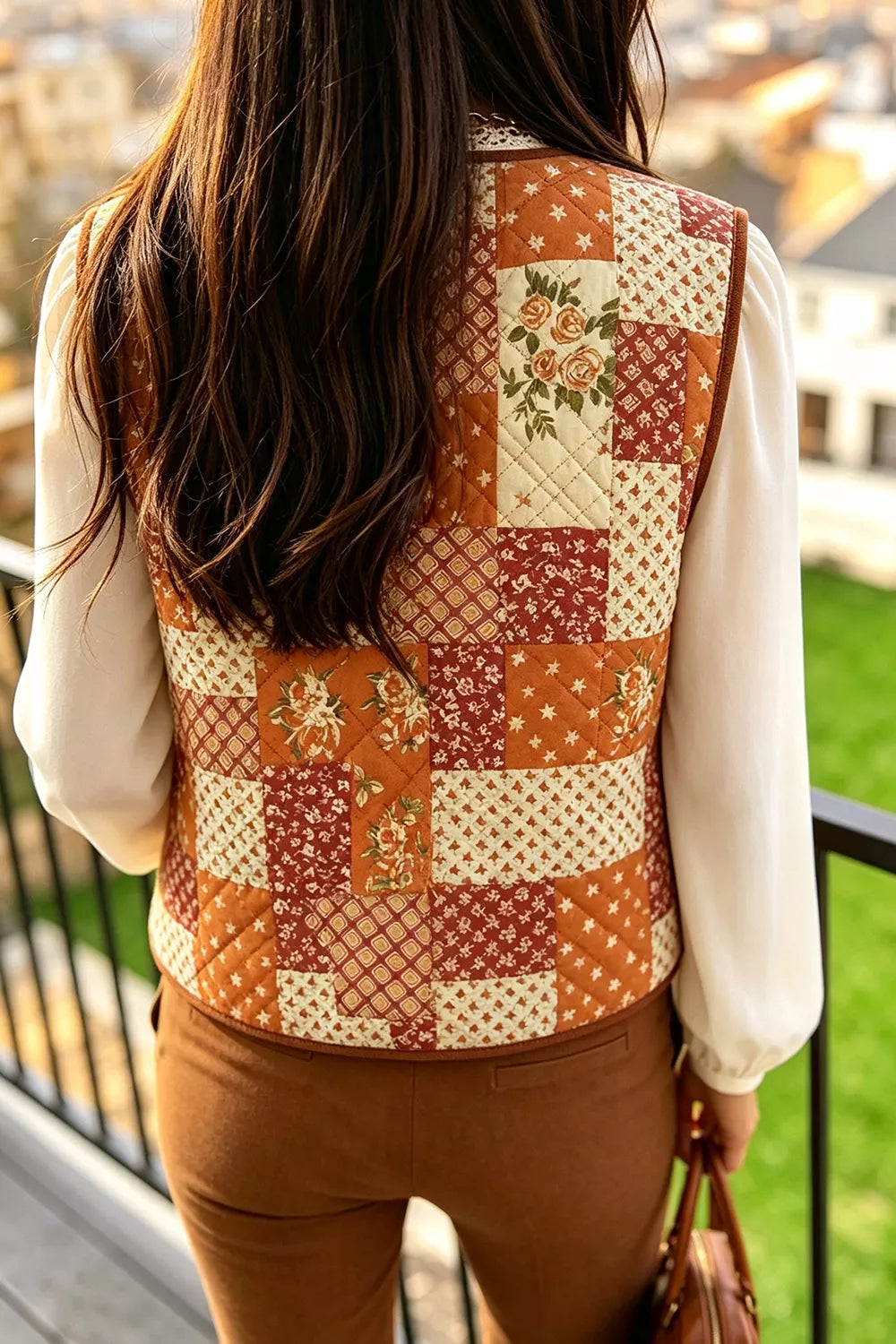 Fleece Quilted Floral Patchwork Contrast Trim V Neck Button Vest - Pumpkin - View 3