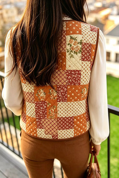 Fleece Quilted Floral Patchwork Contrast Trim V Neck Button Vest - Pumpkin - View 3