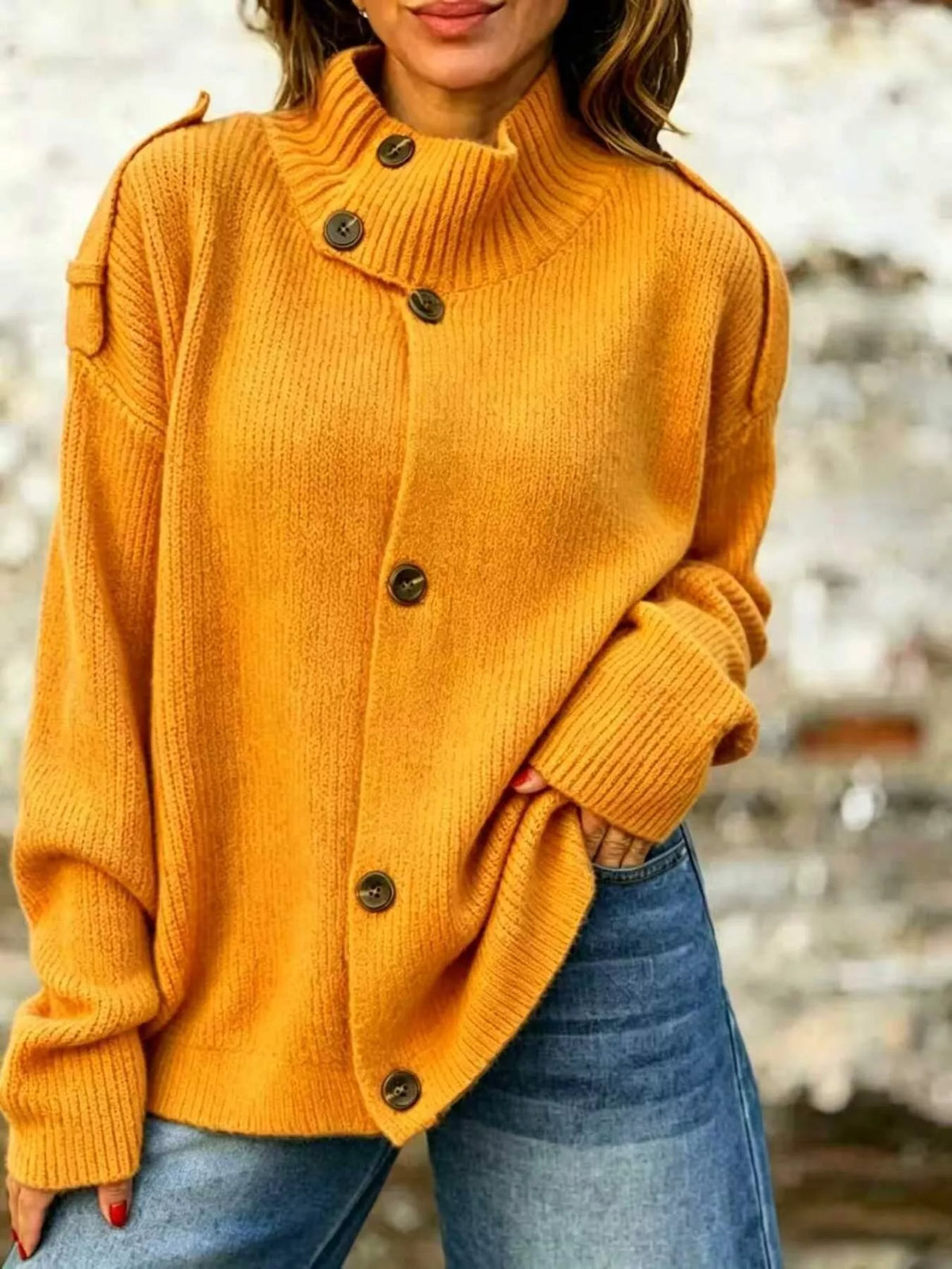 Full Size Button-Up Mock Neck Cardigan Plus Size - Tangerine - View 1