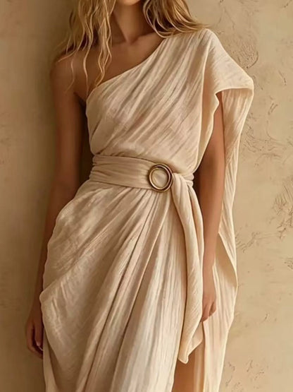 One-Shoulder Draped Maxi Dress with Waist Buckle - Tan - View 2