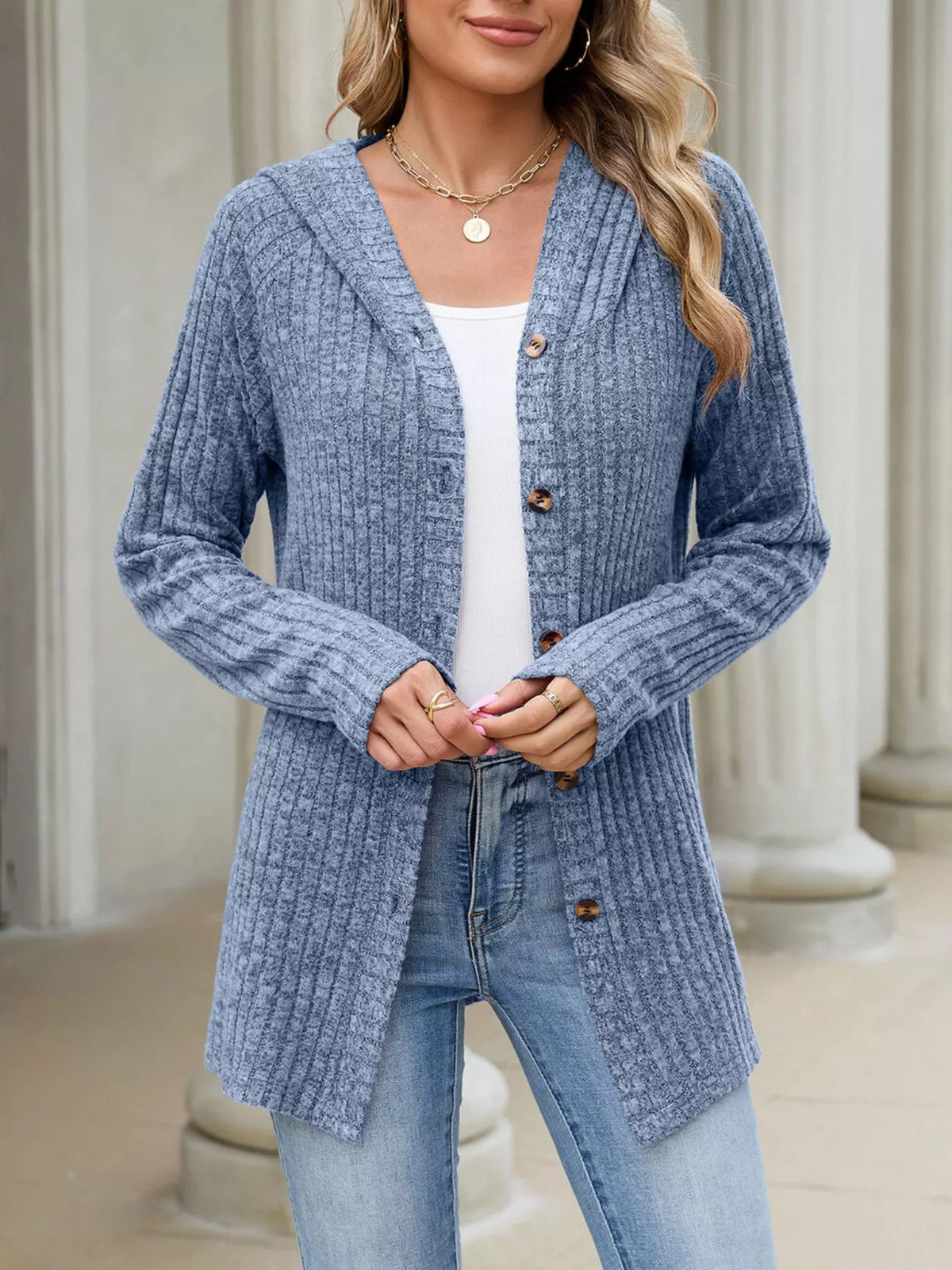 Ribbed Knit Hooded Button-Down Cardigan - Colorful Blue - View 3